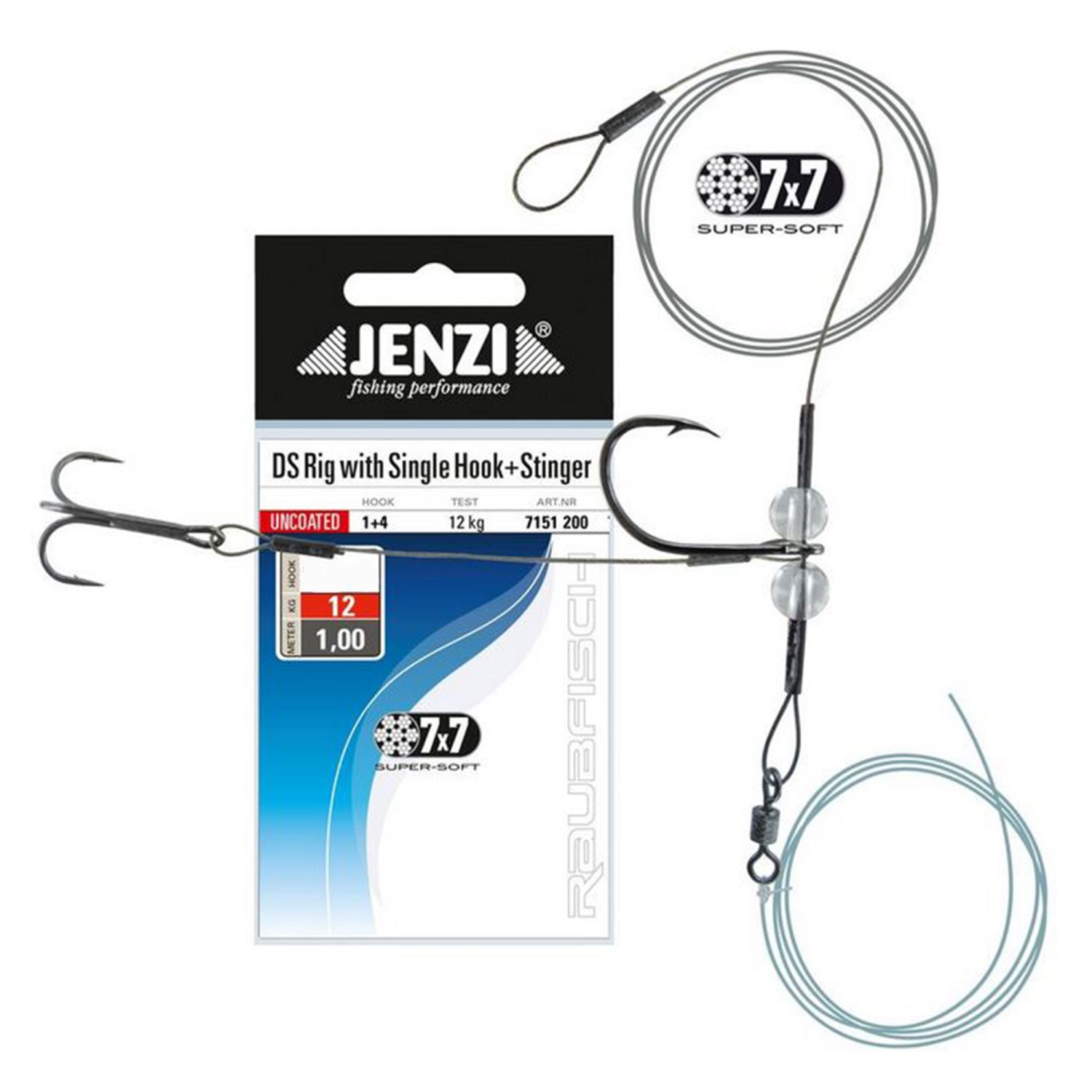 Jenzi 7×7 Drop-Shot Rig mit Offset-Haken und Stinger – Finesse Rig Gr.1 – 40cm+60cm – 1 Stück