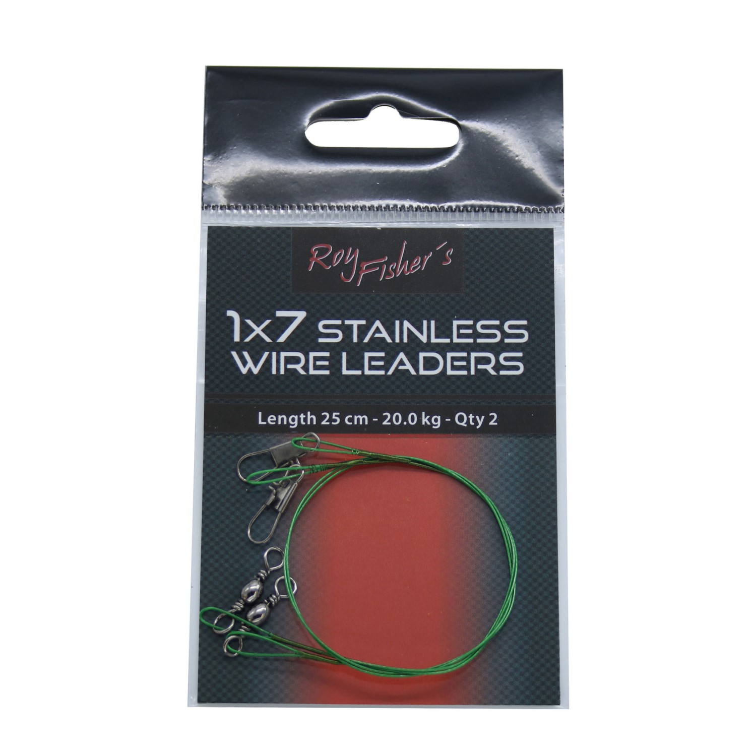 Roy Fishers 1×7 Stahlvorfach Green mit Wirbeln und Karabiner, 2 Stück, grün, 25cm, 20,0Kg 25cm – green – TK20.0kg – 2Stück