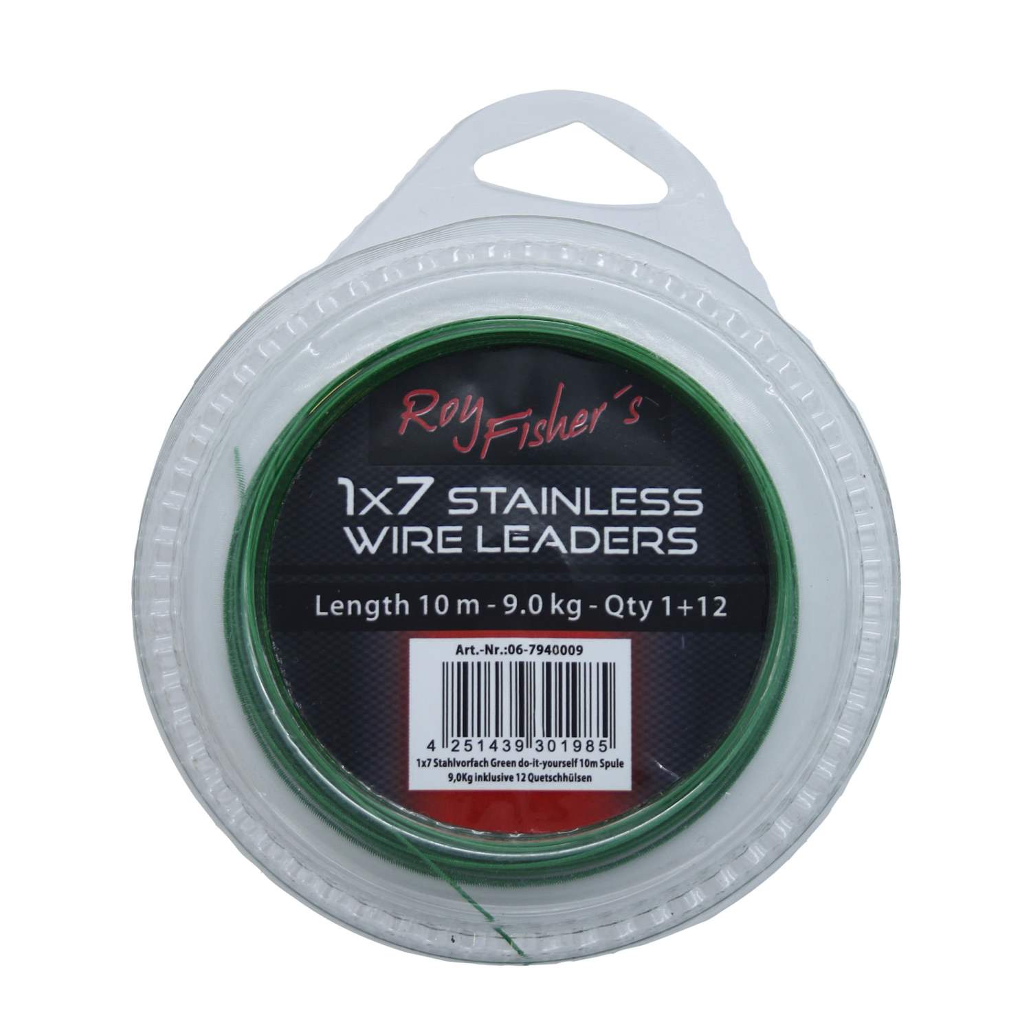 Roy Fishers 1×7 Stahlvorfach Green do-it-yourself 10m Spule 9,0Kg inklusive 12 Quetschhülsen 10m – green – TK9.0kg – 1+12Stück