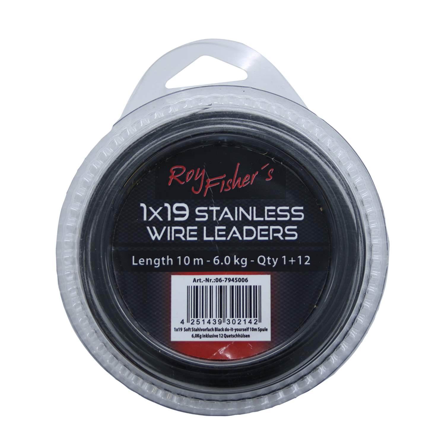 Roy Fishers 1×19 Soft Stahlvorfach Black do-it-yourself 10m Spule 6,0Kg inklusive 12 Quetschhülsen 10m – black – TK6.0kg – 1+12Stück