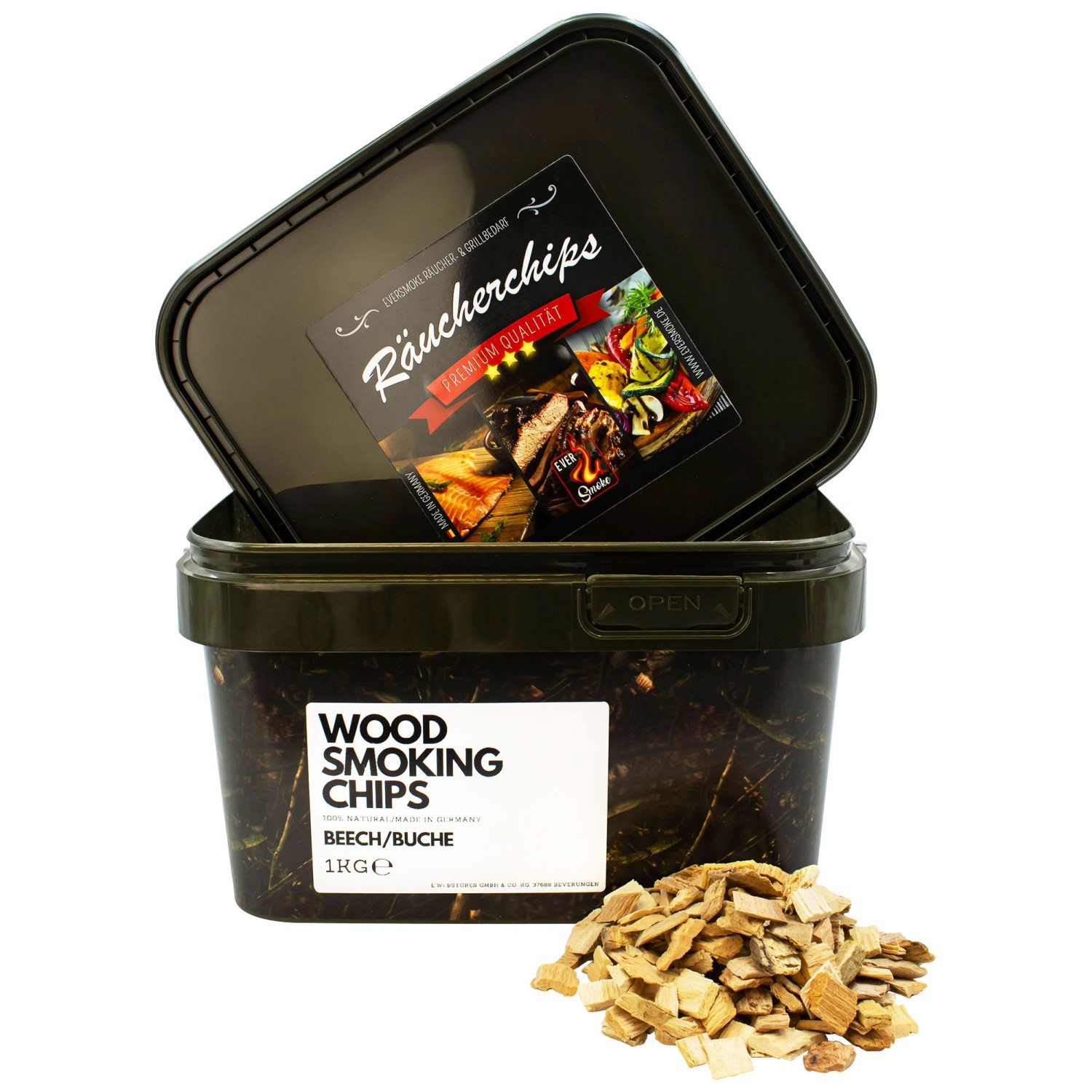 Eversmoke Premium BBQ Räucherchips im Eimer I Wood Chips in a Bucket 1kg – Beech/Buche