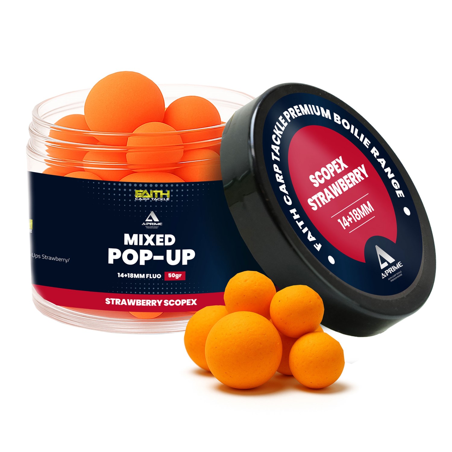Faith A-Prime Pop Ups 14 + 18mm – 50g – Strawberry/Scopex