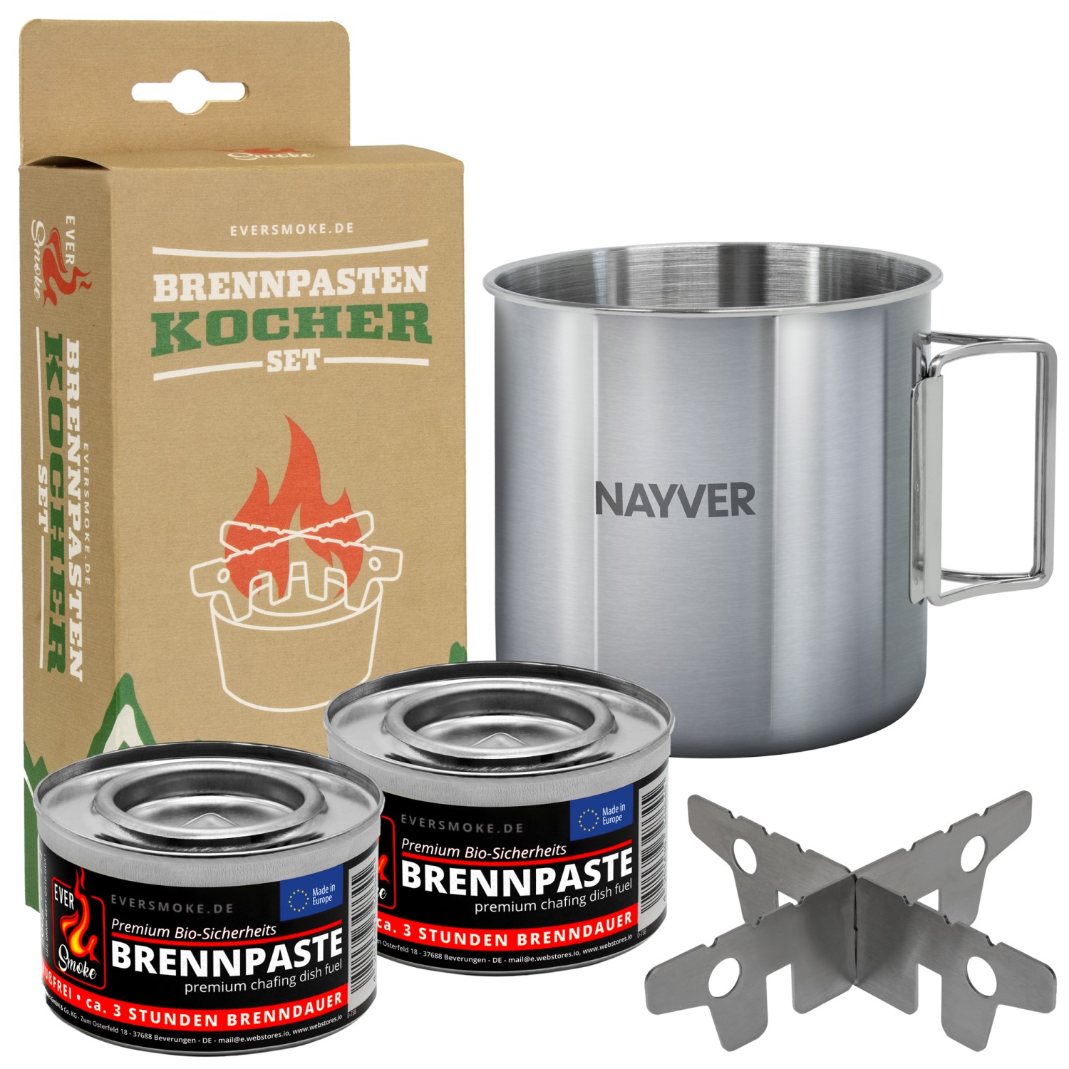 Eversmoke Notkocher für Brennpaste + Tasse – Spiritusbrenner/Kreuzständer Set