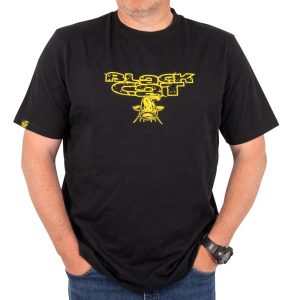 Black Cat Schwarzes T-Shirt mit Distressed-Logo – Angelshirt