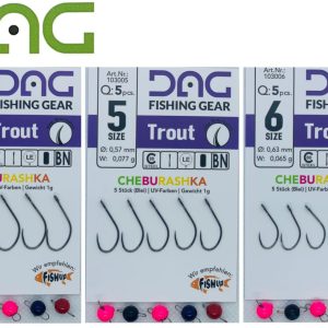 DAG Trout Hook barbless + Cheburashka Blei – 5 Forellenhaken