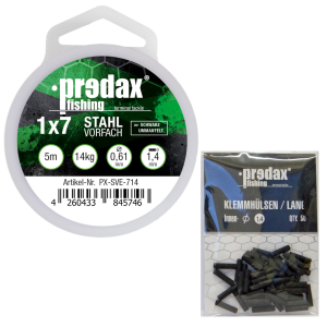Predax Stahlvorfach 1×7 schwarz 5m 14kg + 50 Klemmhülsen 1,4mm – Set