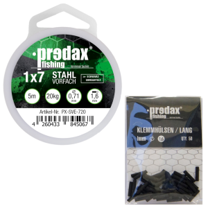 Predax Stahlvorfach 1×7 schwarz 5m 20kg + 50 Klemmhülsen 1,6mm – Set