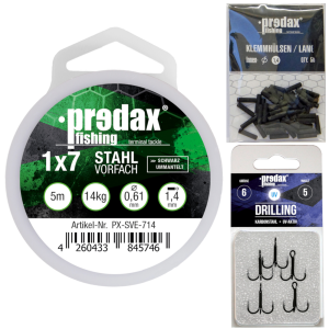 Predax Stahlvorfach 1×7 5m 14kg + 50 Klemmhülsen + 5 Drillinge Gr. 6